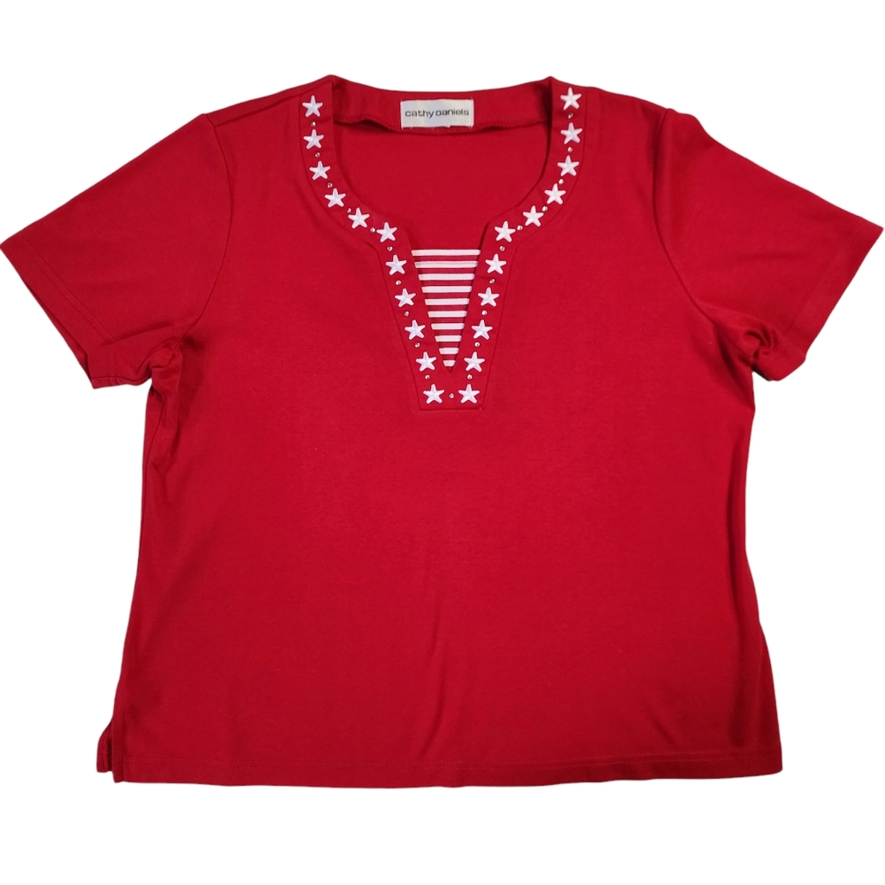 Red & White Short Sleeve Top With Stars Sz L